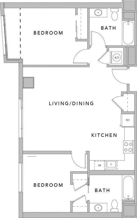 Floor plan for 2 beds, 2 baths, 914 sqft